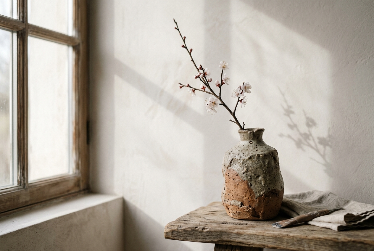 Sculptural wabi-sabi ceramic vase with blooming twig on rustic bench